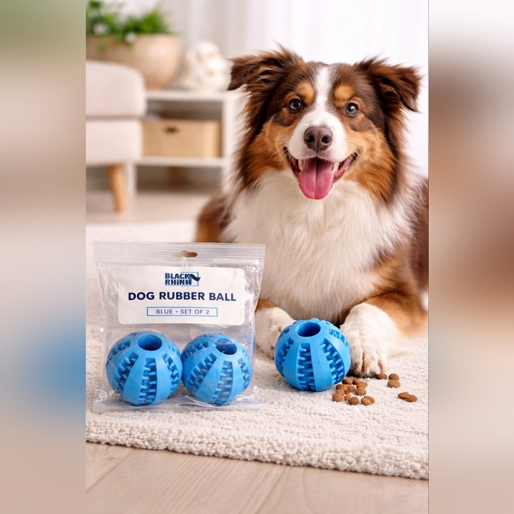 Black Rhino Dog Rubber Ball Toy Set of 2 Blue Durable Chew Treat Dispensing